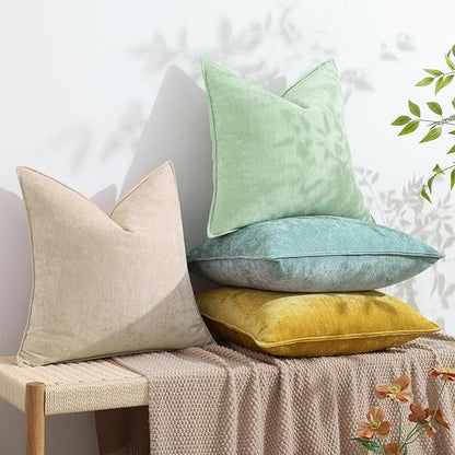 decorUhome Spring Couch Euro Sham Throw Pillow Covers 26x26 Set of 2, Decorative Soft Velvet Neutral Chenille Pillow Covers with Elegant Design for Sofa Bed Living Room Home Decor, Beige