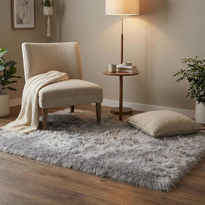 3 x 5 ft Fluffy Gray Rug – Cozy Faux Fur Rug for Bedroom, Living Room, or Nursery – Soft Faux Sheepskin Decor Accent