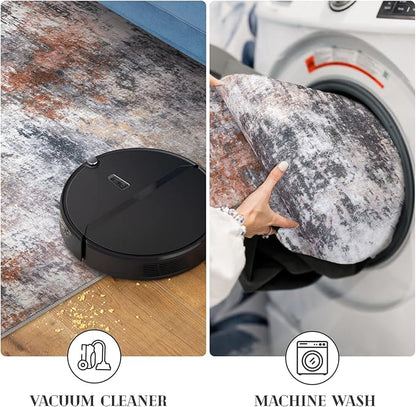Modern Abstract Small Area Rug Indoor, Grey Orange Multi 3x5 Washable Rug Non-Slip Soft Entryway Rug Kitchen Mats Thin Print Faux Wool Floor Carpet Colorful Throw Rugs for Entrance Bedroom