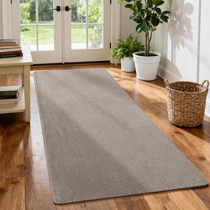 PURE ERA Carpet Stair Tread Landing Mat Area Rug Ultra Plush Shag Soft Non Slip Skid Resistant Tape Free Indoor Doormat Washable Reusable Cream Gray 2' X 6'
