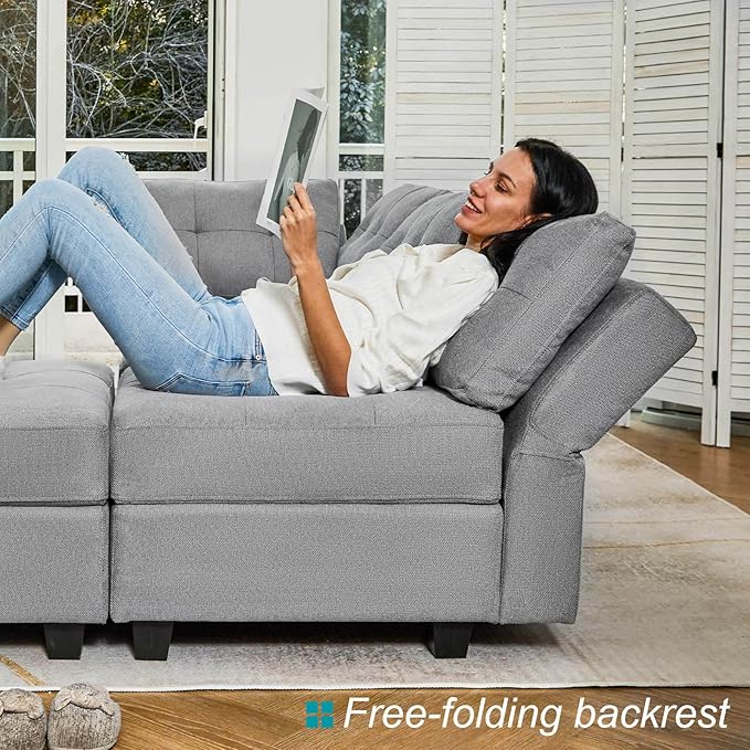 Belffin Modular Sectional Sofa with Storage Ottoman Modern Fabric L Shaped Couch with Chaise for Small Spaces Light Grey