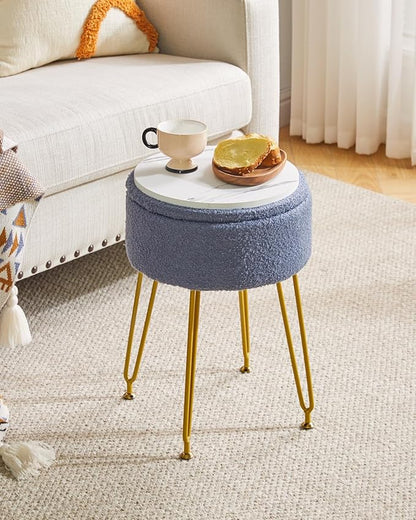 IBUYKE Teddy Velvet Storage Footrest Stool Ottoman, Makeup Vanity Stool Side Table with Removable Cover, Golden Steel Legs, Coffee Table Top Cover, Gray Blue WBD010BU