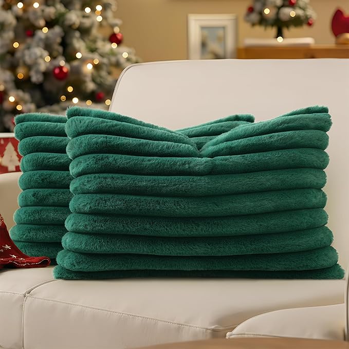 decorUhome Faux Fur Spring Throw Pillow Covers 12x20 Set of 2, Decorative Soft Plush Striped Lumbar Neutral Couch Pillow Covers with Velvet Back for Sofa, Bed, Living Room Home, Christmas Green