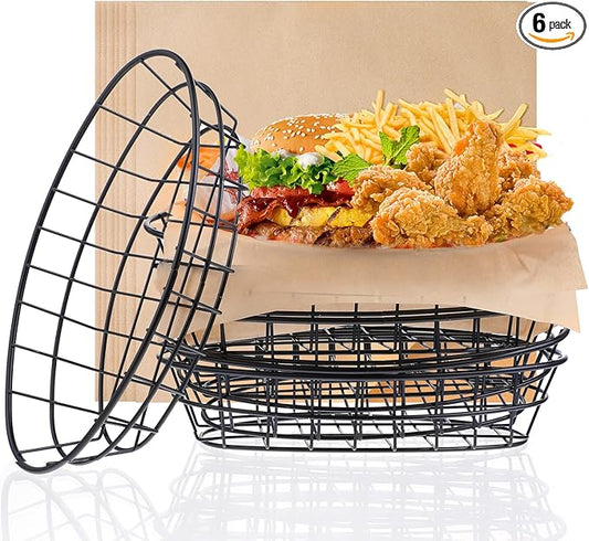 Tobeelec 6 Pcs Modern Elegant Black Oval Metal Wire Bread Basket, 9.6 x 6.2 x 2.2 Inch, Reusable, Durable & Rust-Resistant, Ideal for Bread, Pizza & More