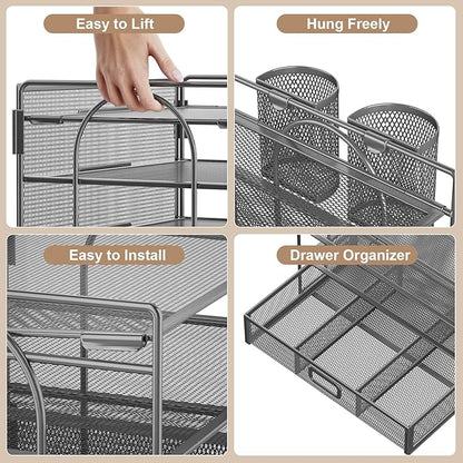 Marbrasse Desk Organizer and Accessories4-Tier Paper File Letter Tray Accessories & Workspace Desk Organizers with Drawer and 2 Pen Holders for School Home Office Supplies (Grey)