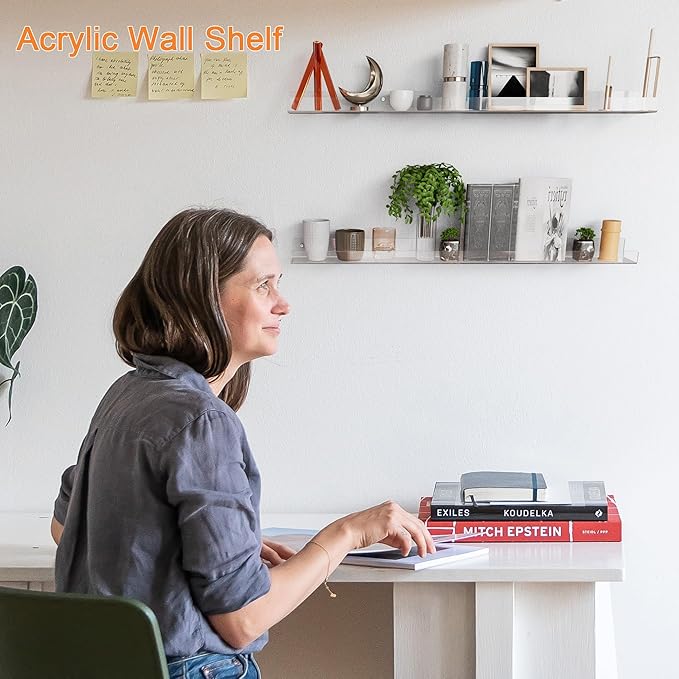 36'' Clear Acrylic Wall Long Shelf 2 Pack, Acrylic Floating Book Shelves, Wall Mounting Invisible Ledge Book Shelf