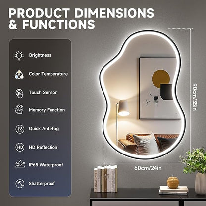 Hasipu Irregular Bathroom Mirror with Lights - 24"x35" LED Asymmetrical Wall Mirror, Abstract Modern Lighted Vanity Mirror for Wall, Anit-Fog, Dimmable, Memory, Vertical/Horizontal (Black