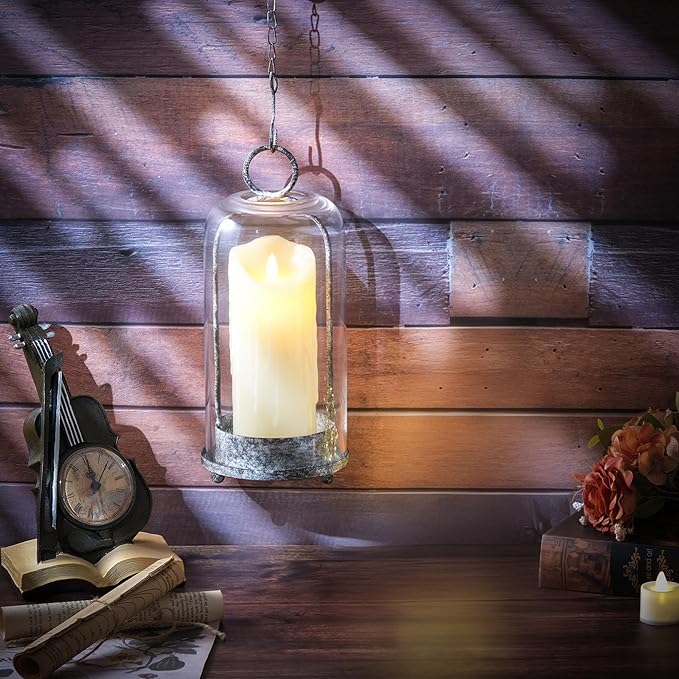 12" High Versatile Modern Metal Hurricane Lantern with Handmade Sturdy Glass Dome in Shabby Black for Pillar Candle & Plants, Industrial, Farmhouse (Black Shabby, 5"x12")