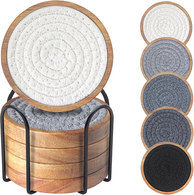 Coasters for Drinks Absorbent Sets of 5, Woven Coasters with Holder, Housewarming Gift for Farmhouse Home Decor, 4 inches (Gray Series)