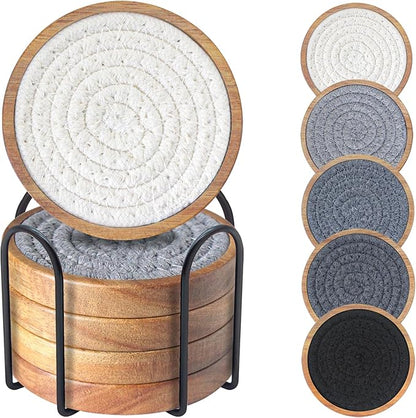 Coasters for Drinks Absorbent Sets of 5, Woven Coasters with Holder, Housewarming Gift for Farmhouse Home Decor, 4 inches (Gray Series)
