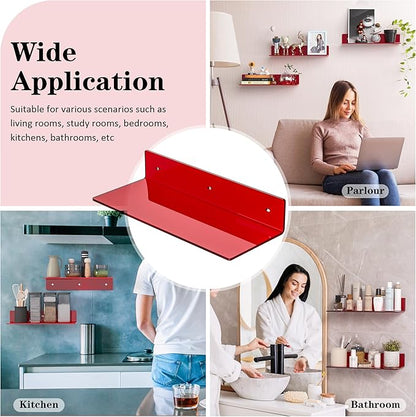 Sezanrpt 15 Inches Red Acrylic Shelves, Wall Mounted Shelves for Bedroom, Wall Display Shelves for Collectibles, Funko Pop, Speaker, Plants, 2 Pack