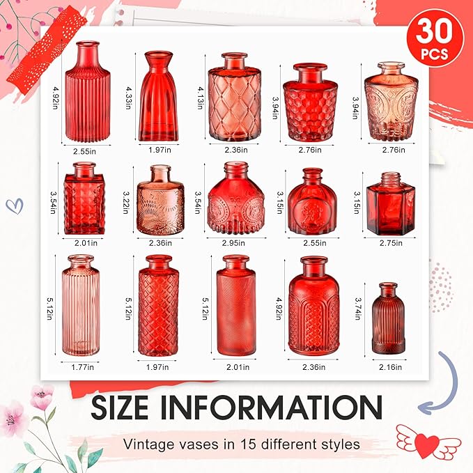 Yaomiao 30 Pcs Vases Bulk Colored Flower Glass Bud Vases Valentine Vintage Colored Glass Bottles Colorful Rustic Embossed for Home Wedding Table Decorations Gifts (Red Series)