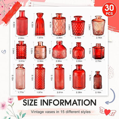 Yaomiao 30 Pcs Vases Bulk Colored Flower Glass Bud Vases Valentine Vintage Colored Glass Bottles Colorful Rustic Embossed for Home Wedding Table Decorations Gifts (Red Series)