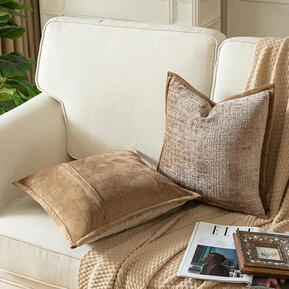 Yaertun Pack of 2 Chenille Textured Decorative Throw Pillow Covers Accent Solid Cushion Cover Soft Cozy Pillow Case with Velvet Back for Couch Sofa Bed Living Room 16x16 Inch Camel