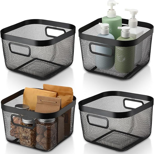 4 Pack Metal Mesh Basket with Hollow Handles Black Wire Storage Bin for Organizing Stackable Metal Fine Mesh Basket for Pantry Bathroom Kitchen Cabinets Shelves (Medium)