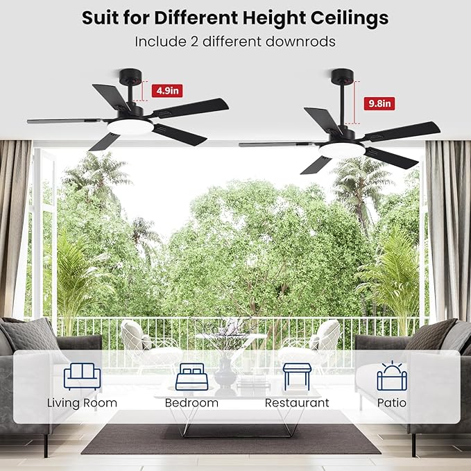 52 Inch Ceiling Fans with Lights and Remote for Bedroom Living Room Kitchen Office, Indoor/Outdoor Use, 5CCT Dimmable, 5 Blades, 6 Speed Reversible Quiet DC Motor, Black/Wood Grain