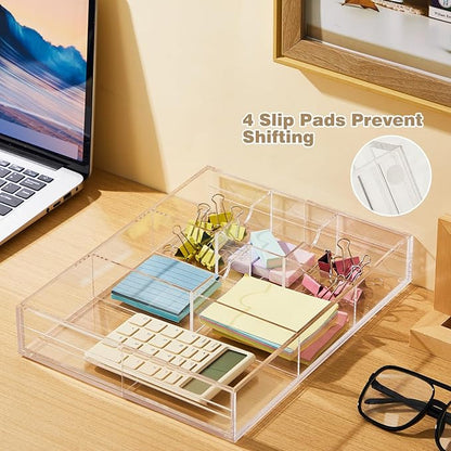 2 Pcs Acrylic Desk Drawer Organizer Maximum 12 x 18 x 2.1 Inch Expandable Drawer Organizer Trays with 8 Adjustable Compartments Desk Accessories for Makeup Silverware Office Bathroom
