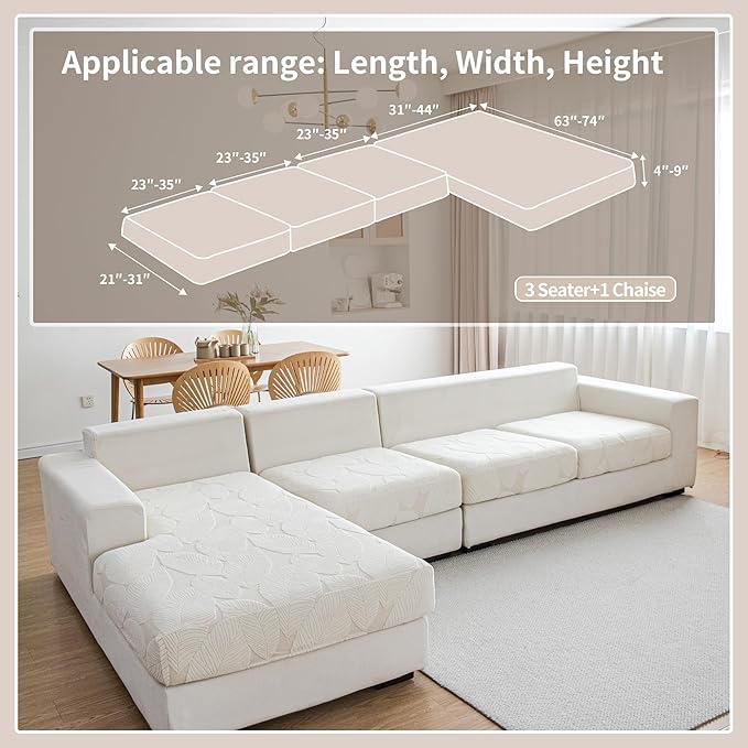 Couch Covers for Sectional Sofa, Washable Stretch Soft Sofa Cushion Covers L Shape Sofa Slipcovers Anti Slip Furniture Decor Protector for Pets (3 Seaters Covers+1 Chaise Cover,Ivory)