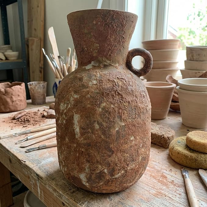 7IN Rustic Farmhouse Ceramic Vase Home Decor,Handmade Vintage Stoneware Clay Pottery Terracotta Textured for Modern Farmhouse, Living Room, Office Desk Table Shelf (Brown1)