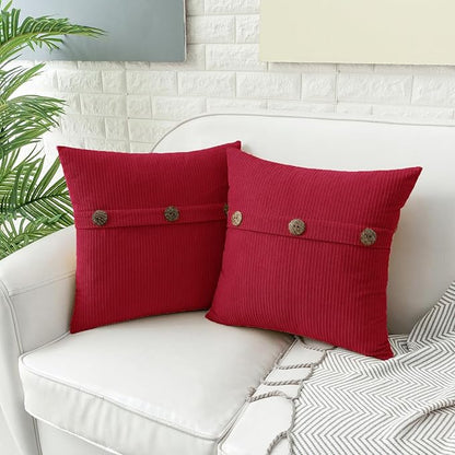 HWY 50 Red Chenille Throw Pillow Covers 22x22 Inch with Triple Buttons, Soft Farmhouse Accent Decorative Cushion Cases for Couch Sofa Bed Living Room Pack of 2