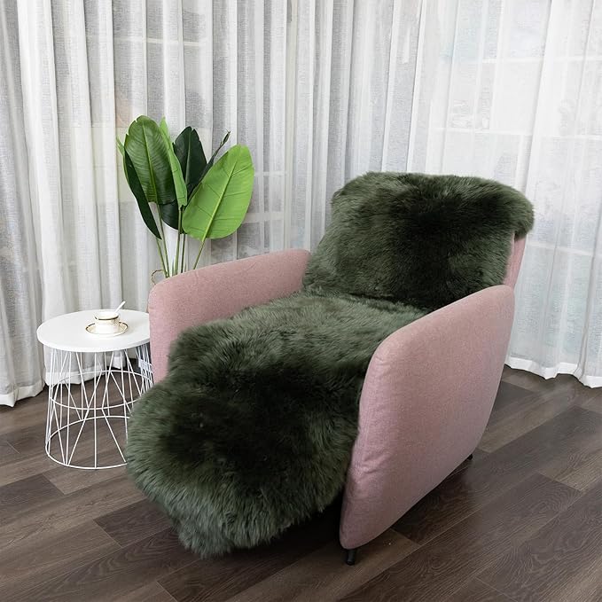 Genuine Sheepskin Rug New Zealand Fluffy Lambskin Rug, Natural Luxury Sheepskin Throw for Bedroom Living Room Children's Room - Premium Area Rug Chair Cover (2×6 Feet, Forest Green)