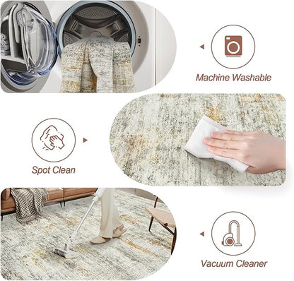9x12 Area Rugs for Living Room, Non Slip Machine Washable Vintage Rugs, Low Pile Lightweight Large Rug for Bedroom, Dining Room, Home Office Gray Rust