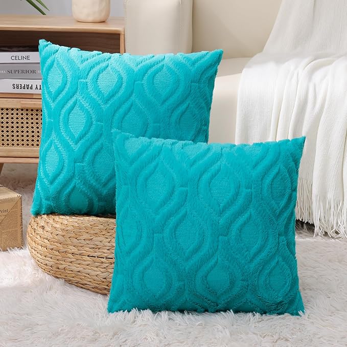 decorUhome Spring Euro Sham Throw Pillow Covers 24x24 Inch Set of 2, Soft Plush Faux Wool Turquoise Solid Couch Pillow Covers, Accent Farmhouse Neutral Square Pillow Cases for Sofa Bed Living Room