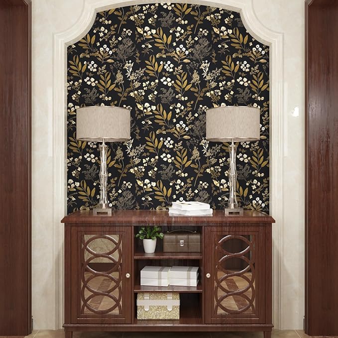 Vintage Wallpaper Peel and Stick Black Floral Wallpaper 17.5'' x 393'' Gold Leaf Contact Paper Vinyl Waterproof Self Adhesive Boho Botanical Wall Paper for Bedroom Shlef Cabinet Décor