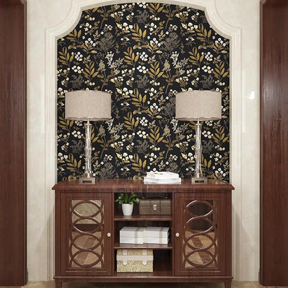 Vintage Wallpaper Peel and Stick Black Floral Wallpaper 17.5'' x 393'' Gold Leaf Contact Paper Vinyl Waterproof Self Adhesive Boho Botanical Wall Paper for Bedroom Shlef Cabinet Décor
