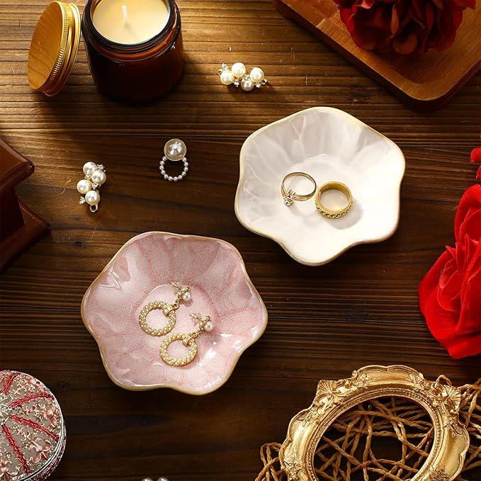 8 Pcs Ceramic Trinket Dish Lotus Leaf Jewelry Tray Small Ring Dish for Earrings, Rings, Jewelry Holder, Key Bowl(White,Pink)
