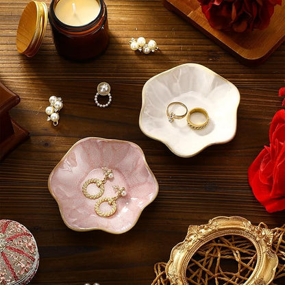 8 Pcs Ceramic Trinket Dish Lotus Leaf Jewelry Tray Small Ring Dish for Earrings, Rings, Jewelry Holder, Key Bowl(White,Pink)