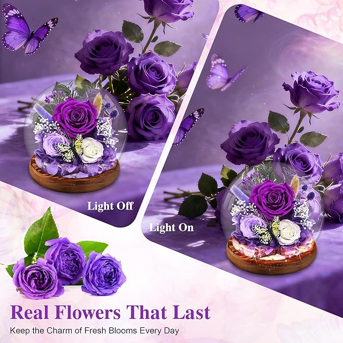 Purple Rose Valentines Day Gifts for her | Forever Rose Gift for Grandma Mom Birthday | Flowers for Delivery Long-Lasting Real Flowers in Glass Dome | Gifts for Women Birthday Mothers Day Christmas
