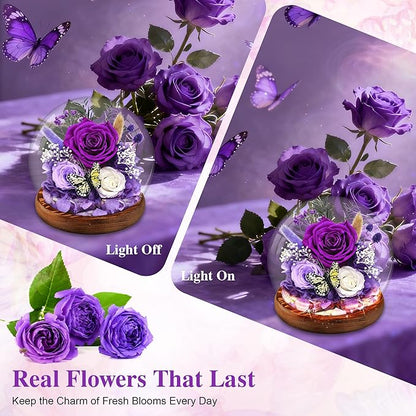 Purple Rose Valentines Day Gifts for her | Forever Rose Gift for Grandma Mom Birthday | Flowers for Delivery Long-Lasting Real Flowers in Glass Dome | Gifts for Women Birthday Mothers Day Christmas