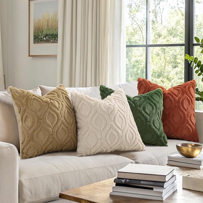 decorUhome Spring Throw Pillow Covers 16x16 Inch Set of 2, Soft Plush Faux Wool Beige Solid Couch Pillow Covers, Accent Farmhouse Neutral Square Pillow Cases for Sofa Bed Living Room