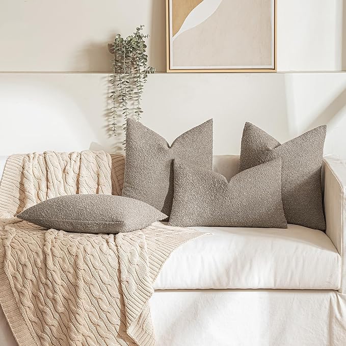 MIULEE 12x20 Inch Decorative Lumbar Throw Pillows for Bed Set of 2 Textured Boucle Neutral Winter Throw Pillow Covers Light Taupe Accent Solid Pillowcases Sofa Livingroom Home Decor