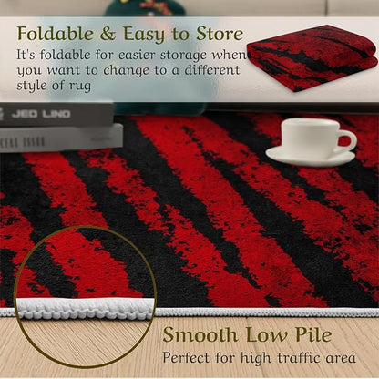 Red Black Retro Tabby Pattern Texture Area Rug, Modern Abstract Print Large Rugs, Indoor Non-Slip Kids Rugs, Machine Washable Breathable Durable Carpet for Front Entrance Floor Decor,5 x 7ft