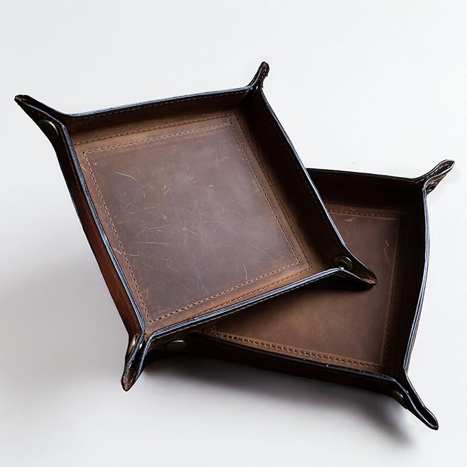 Tolredo Handmade Top Grain Leather Valet Tray – Elegant Organizer for Wallet, Keys, and Phone – Rich Brown (Pack of 1)