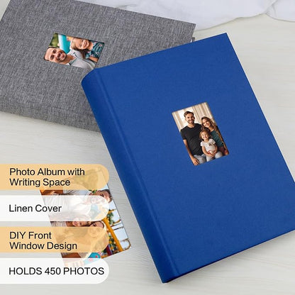 XFveiwoo Photo Album 4x6 450 Photos with Writing Space,4 x 6 Photo Book Linen Cover with Front Window, 4x6 Picture Album 450 Photos Photo Album Book for Wedding Kids Travel Family Baby Pictures, Blue