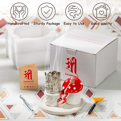 ZenBless 5 in 1 Mushroom Gifts Waterfall Incense and Candle Burner for Burning Sage, Palo Santo, Incense Sticks Backflow Cones,Candle Ceramic Backflow Cone Holder Spiritual Meditation Yoga