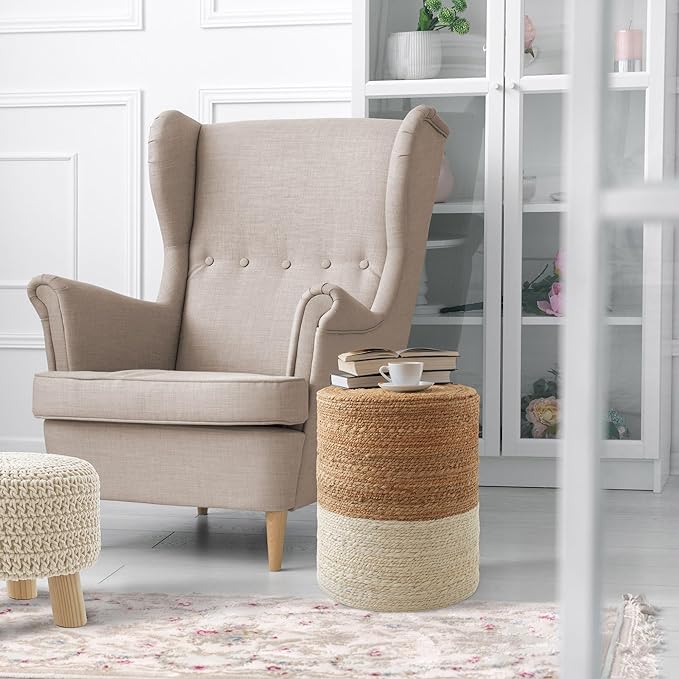 Casafield Handcrafted Braided Jute Pouf Ottoman, 14" Round x 16" High Footrest, Natural Boho Home Decor, Woven Accent Footstool for Living Room or Bedroom