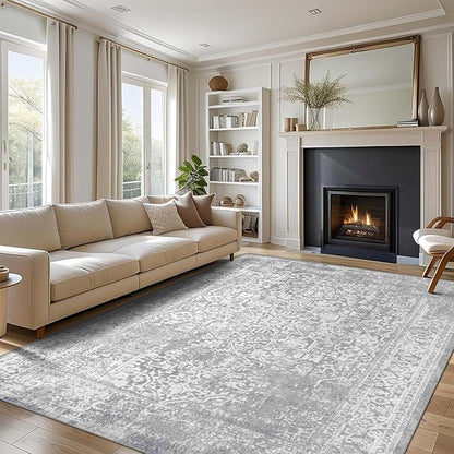 vivorug 4x6 Neutral Area Rugs, Stain Resistant Washable Rug for Living Room, Vintage-Inspired (Ivory/Silver, 4'x6')
