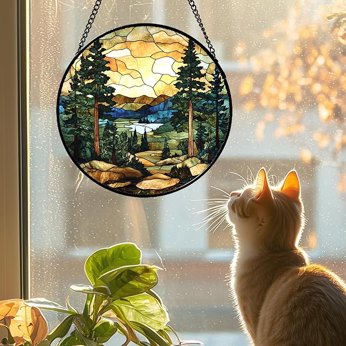 Stained Glass Window Hanging Forest Lake Mountain Sunset 9.8" - Suncatcher Door Garden Sunroom Sun Catcher Home Decor Birthday Christmas for Mom Men Woman Nana Friend