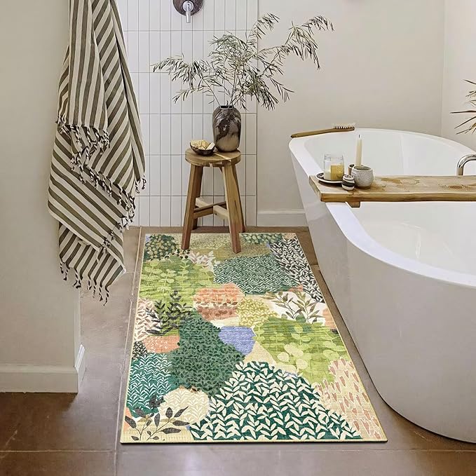 DEXDE 2x3 Area Rug, Small Boho Rugs Entryway Doormat Indoor Machine Washable Non-Slip Abstract Botanical Leaves Floral Print Floor Carpet for Living Room, Bedroom, Office, Kids Playroom,Green