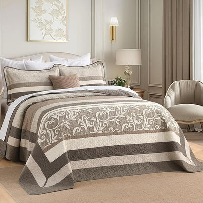 Lightweight Queen Bedspreads 120x102, 100% Cotton Oversized Quilt, Striped Botanical Pattern Coverlet, Reversible Farmhouse Quilted Bedding Set 3 Piece, Brown/Beige