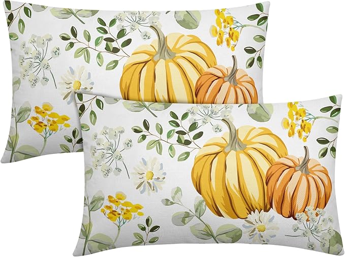 Pumpkin Fall Lumbar Pillow Covers 12x20 Set of 2 Yellow Saga Green Leaf Autumn Floral Thanksgiving Pillow Cases Outdoor Decorative Holiday Cushion Cover Decoration Farmhouse Home Sofa Couch Bed Decor
