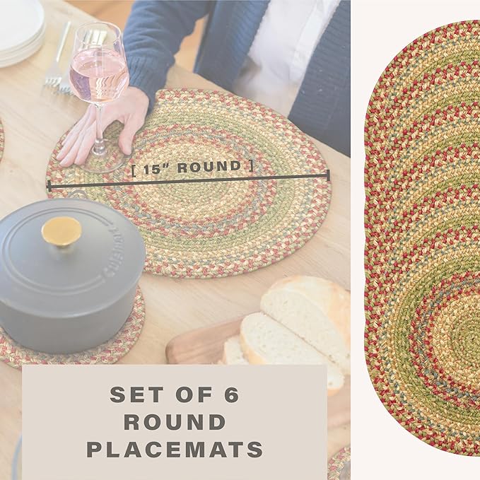 Homespice Azalea Jute Woven Round Placemats Set of 6, 15", Warm Country Primitive Decor, Multicolor Table Mats - Vibrant Colors, Durable, Easy to Clean and Protects Furniture