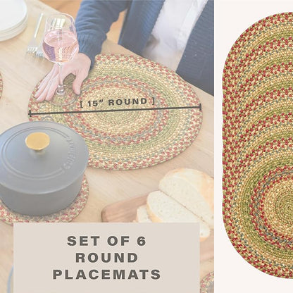 Homespice Azalea Jute Woven Round Placemats Set of 6, 15", Warm Country Primitive Decor, Multicolor Table Mats - Vibrant Colors, Durable, Easy to Clean and Protects Furniture