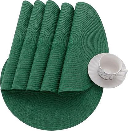 SHACOS Dark Green Round Placemats Set of 6 Cotton Polyester Braided 15 inch Washable Kitchen Dining Table Place Mats Christmas Table Mats for Home Wedding Party Decor