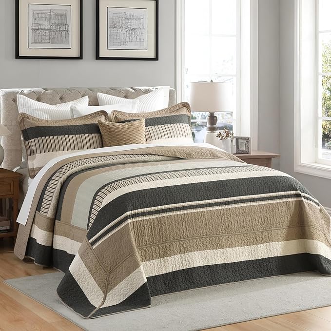 Finlonte Bedspread King Size 100% Cotton Oversized King Size Bedspreads Charcoal Brown Beige Extra Super King Quilted Bed Spread Striped Farmhouse Lightweight Soft Bedding Set for All Season, 3 Piece