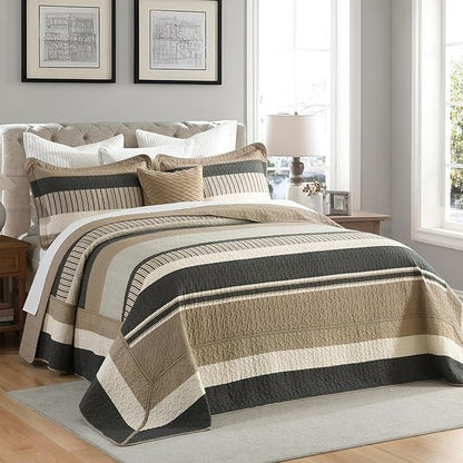 Finlonte Bedspread King Size 100% Cotton Oversized King Size Bedspreads Charcoal Brown Beige Extra Super King Quilted Bed Spread Striped Farmhouse Lightweight Soft Bedding Set for All Season, 3 Piece